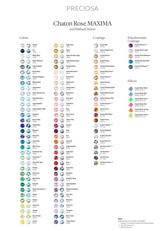 Chaton Rose MAXIMA and Flatback Stones color chart Preciosa