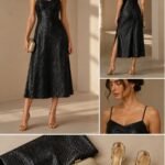Μαύρο midi φόρεμα Artinova σε γραμμή Α από ανάγλυφο γυαλιστερό ύφασμα, συνδυασμένο με χρυσά πέδιλα, χρυσό clutch και κοσμήματα, με φωτογραφίες εμπρός, πίσω και λεπτομέρειες υφάσματος.