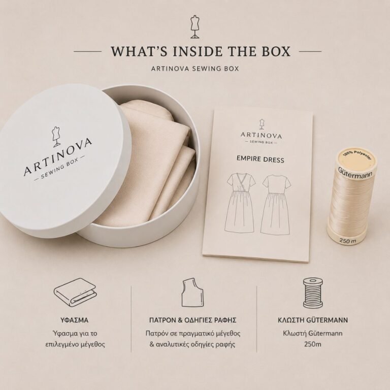 Sewing Box Artinova για κρουαζέ φόρεμα empire με ύφασμα, πατρόν ραπτικής σε πραγματικό μέγεθος και κλωστή Gütermann 250 μέτρων.