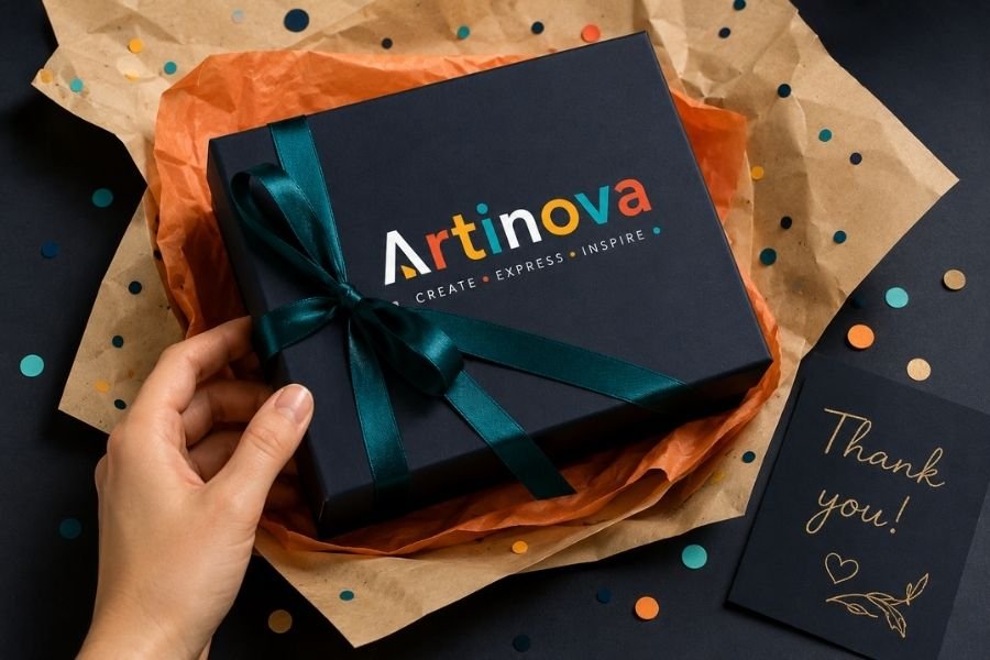 Premium συσκευασία δώρου Artinova με λογότυπο, κορδέλα και προσεγμένη συσκευασία δημιουργικών υλικών υψηλής ποιότητας