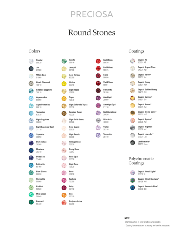 Χρωματολόγιο PRECIOSA Round Stones με χρώματα, επιστρώσεις και κωδικούς κρυστάλλων