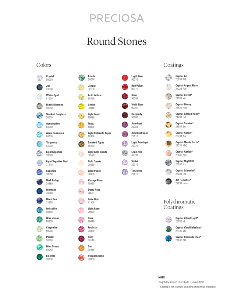 Χρωματολόγιο PRECIOSA Round Stones με χρώματα, επιστρώσεις και κωδικούς κρυστάλλων