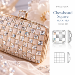 Βραδινή τσάντα clutch σε σαμπανιζέ απόχρωση, διακοσμημένη με τετράγωνους κρυστάλλους PRECIOSA Chessboard Square MAXIMA Flat Backs No Hotfix σε χρώμα Crystal, με γραφική απεικόνιση του κρυστάλλου.