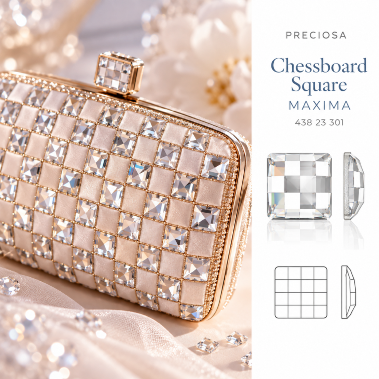 Βραδινή τσάντα clutch σε σαμπανιζέ απόχρωση, διακοσμημένη με τετράγωνους κρυστάλλους PRECIOSA Chessboard Square MAXIMA Flat Backs No Hotfix σε χρώμα Crystal, με γραφική απεικόνιση του κρυστάλλου.