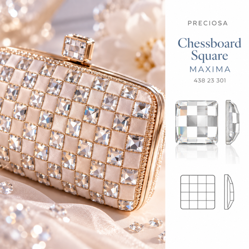 Βραδινή τσάντα clutch σε σαμπανιζέ απόχρωση, διακοσμημένη με τετράγωνους κρυστάλλους PRECIOSA Chessboard Square MAXIMA Flat Backs No Hotfix σε χρώμα Crystal, με γραφική απεικόνιση του κρυστάλλου.