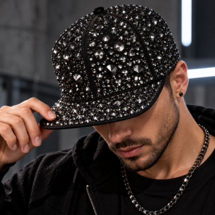 Άνδρας με μαύρο καπέλο rapper διακοσμημένο με κρυστάλλους PRECIOSA Flat Backs No Hotfix SS34 σε απόχρωση Black Diamond.