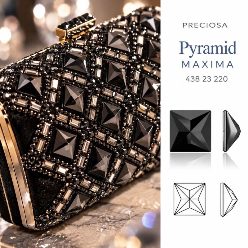Μαύρο βραδινό clutch διακοσμημένο με τετράγωνους πυραμιδοειδείς κρυστάλλους PRECIOSA Pyramid MAXIMA Flat Backs No Hotfix σε χρώμα Jet Unfoiled, με γραφική απεικόνιση του κρυστάλλου 43823220.