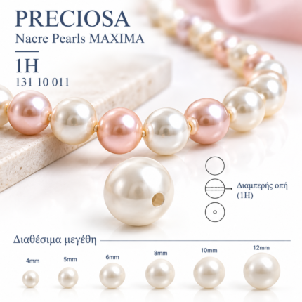 Πέρλες PRECIOSA Nacre Pearls MAXIMA 1H με διαμπερή οπή, κωδικός 13110011, σε κολιέ και παρουσίαση μεγεθών 4mm έως 12mm.