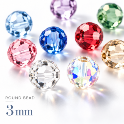 Κρυστάλλινες στρογγυλές χάντρες PRECIOSA Round Beads 3mm, κωδικός 45119602, σε διάφανο, ιριδίζον, ροζ, μπλε, κόκκινο και πράσινο, με πολυεδρική κοπή και διαμπερείς οπές.