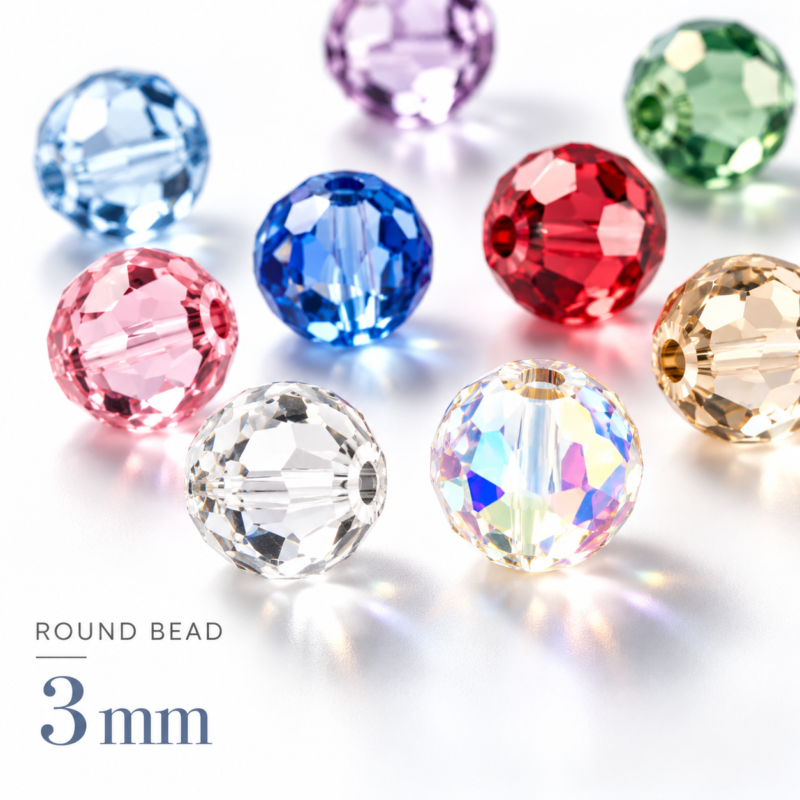 Κρυστάλλινες στρογγυλές χάντρες PRECIOSA Round Beads 3mm, κωδικός 45119602, σε διάφανο, ιριδίζον, ροζ, μπλε, κόκκινο και πράσινο, με πολυεδρική κοπή και διαμπερείς οπές.