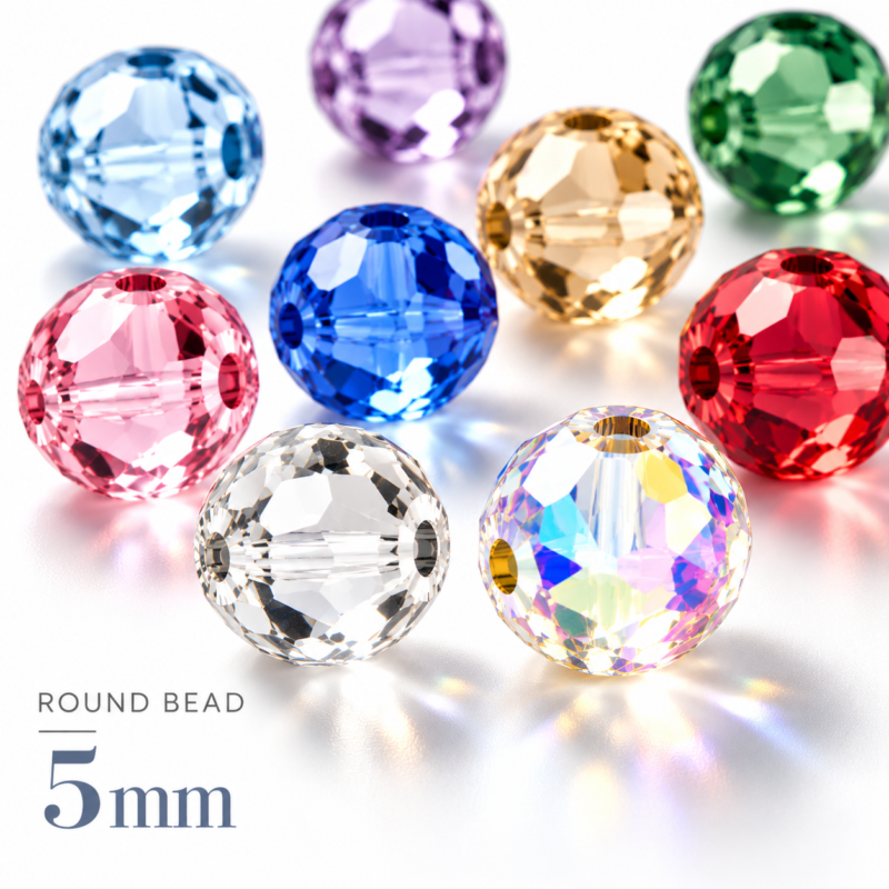 Κρυστάλλινες στρογγυλές χάντρες PRECIOSA Round Beads 5mm, κωδικός 45119602, σε διάφανο, ιριδίζον, ροζ, μπλε, κόκκινο και πράσινο, με πολυεδρική κοπή και διαμπερείς οπές.