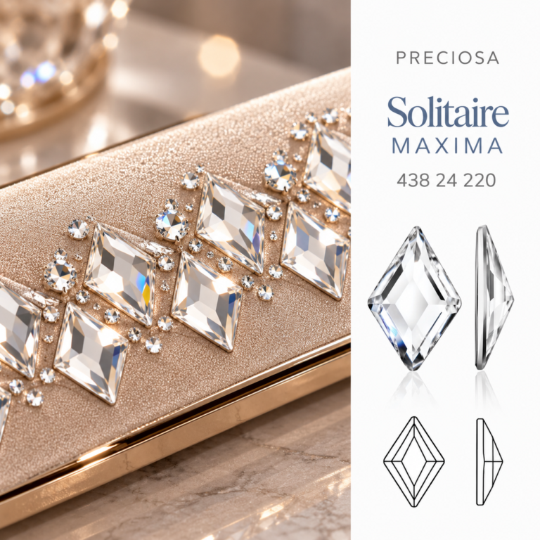 PRECIOSA Solitaire MAXIMA Flat Back No Hotfix Crystal 43824220 σε πολυτελές σαμπανιζέ βραδινό clutch, με γεωμετρική διάταξη ρομβοειδών κρυστάλλων και γραφική απεικόνιση του σχήματος.