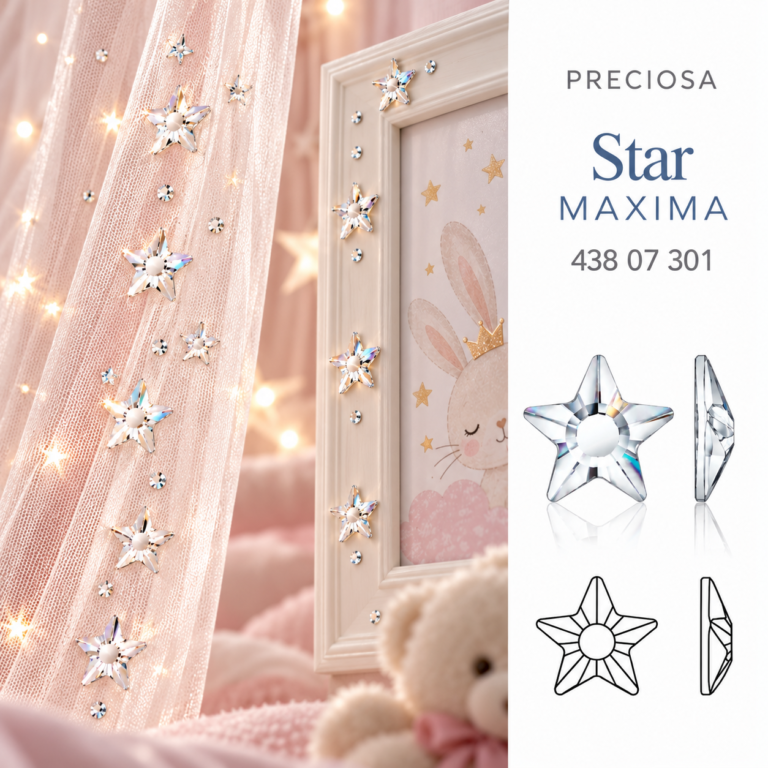 PRECIOSA Star MAXIMA Flat Back No Hotfix Crystal 43807301 σε ροζ παιδική κουρτίνα και λευκή κορνίζα με διακοσμητικά κρυστάλλινα αστέρια, εμπρόσθια και πλαϊνή απεικόνιση.
