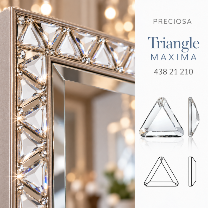PRECIOSA Triangle MAXIMA Flat Back Crystal 43821210 σε διακοσμητική κορνίζα καθρέφτη με συμμετρικά τοποθετημένους τριγωνικούς κρυστάλλους και γραφική απεικόνιση του σχήματος.